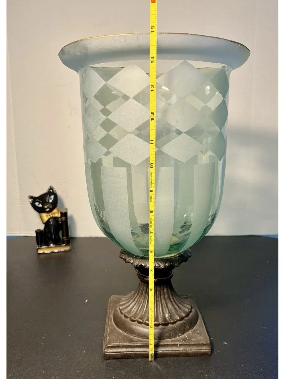 Vintage 1980s Harlequin Candle Holder Vase Urn Cut Glass Bronze Pedestal, 9x15”